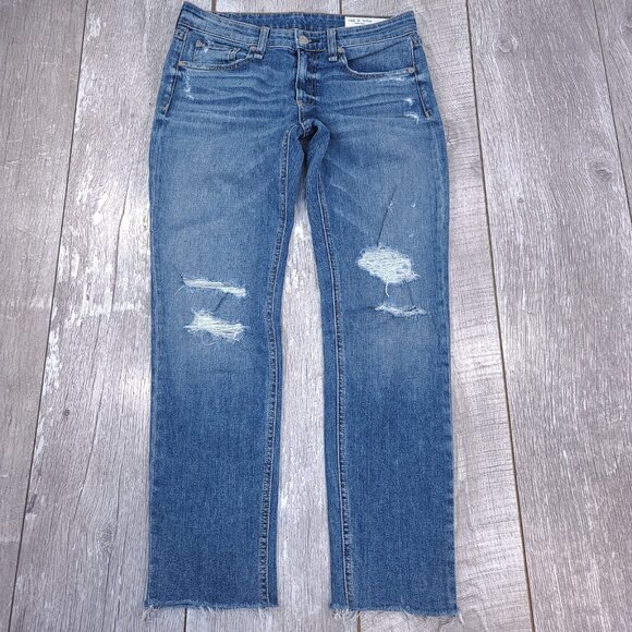Rag & Bone Jeans Womens 24 Dre Low Rise Ankle Slim Boyfriend Blue Marie Hole - Picture 1 of 9